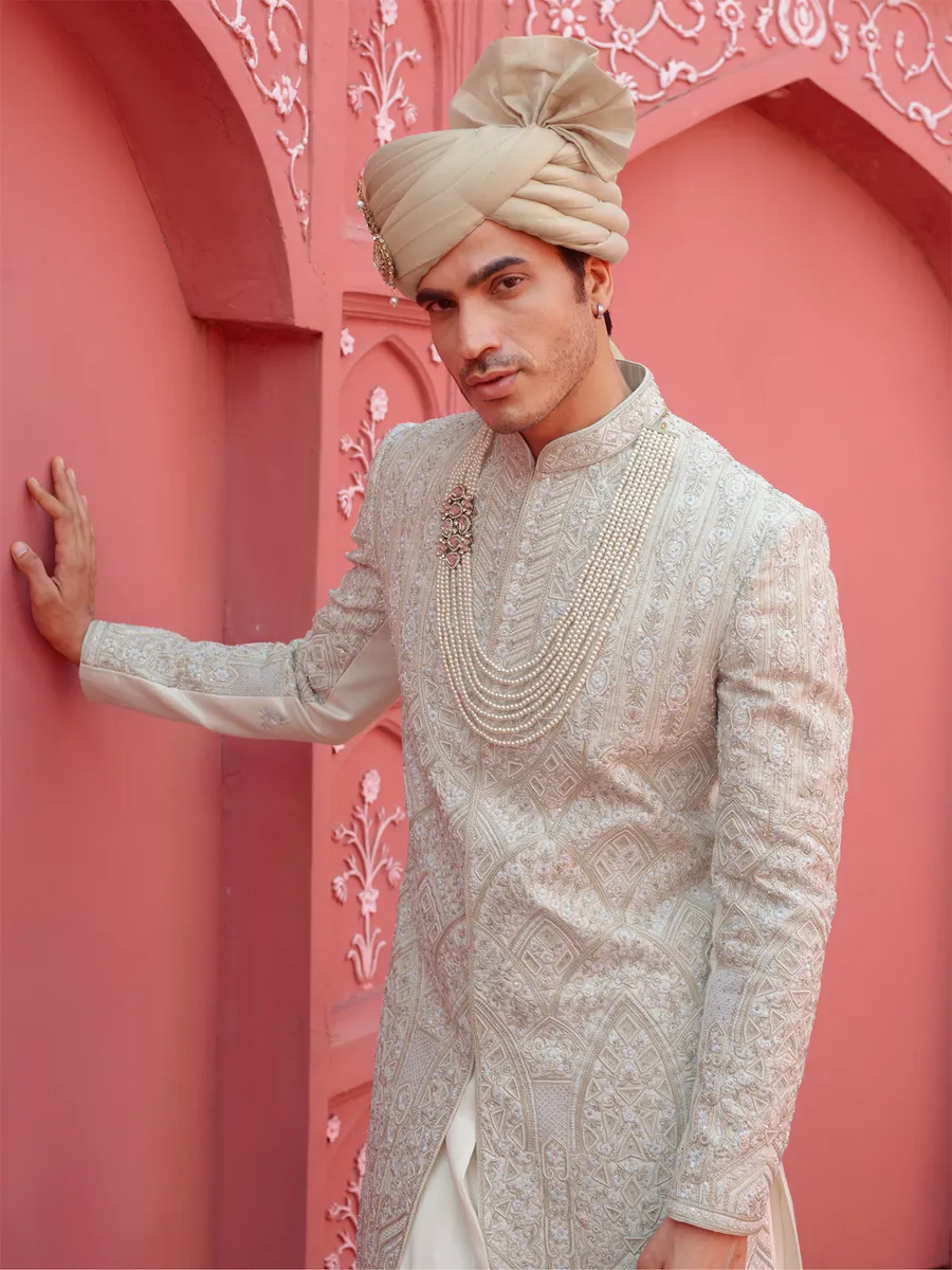 Latest off white silk sherwani