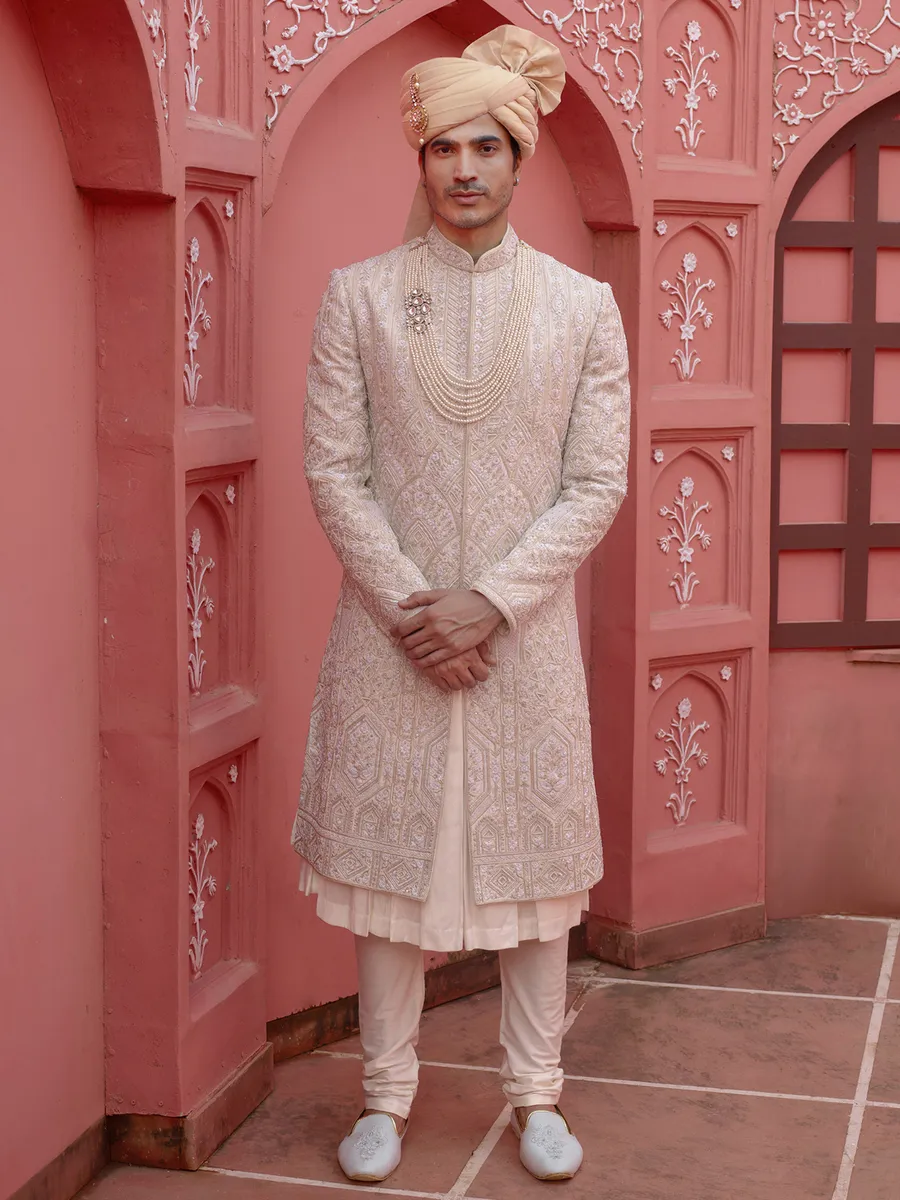 Latest off white silk sherwani