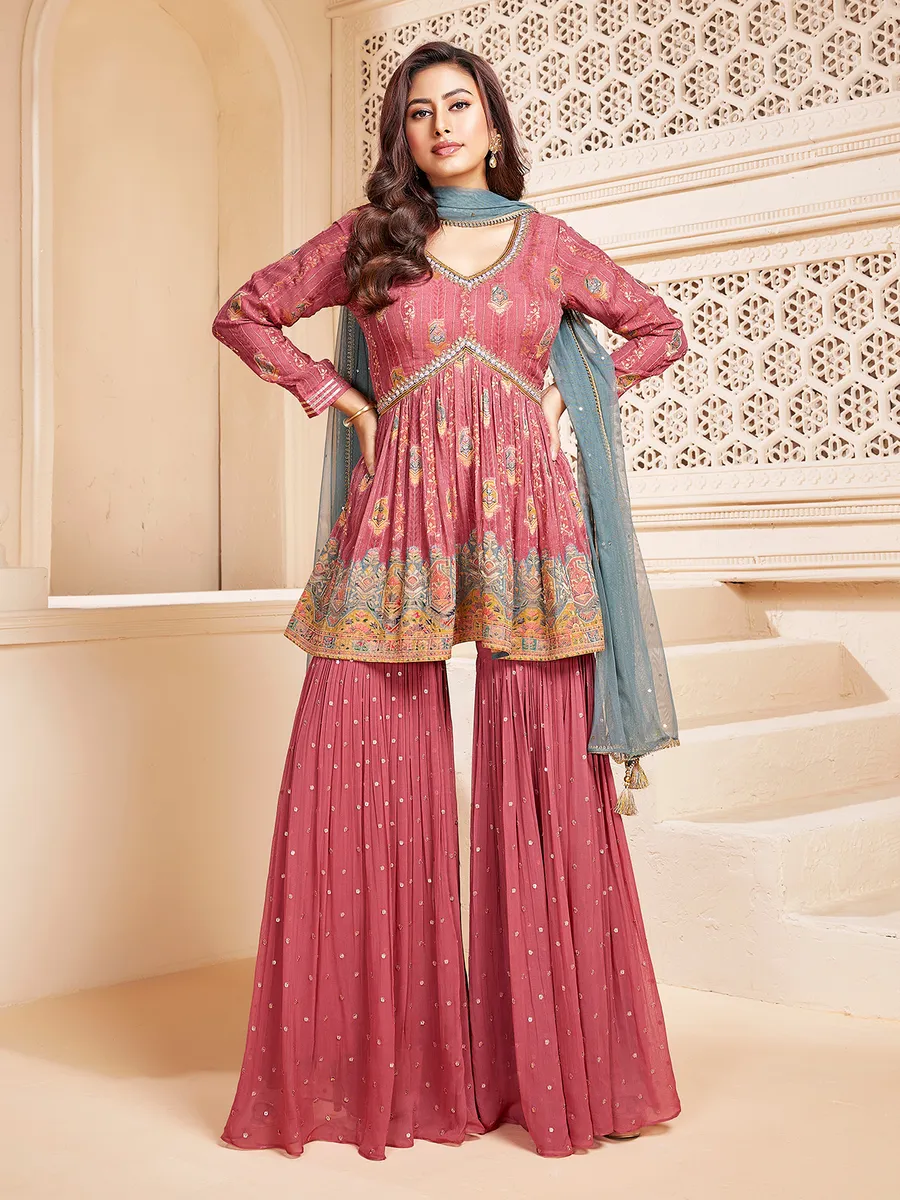 Latest onion pink printed sharara suit