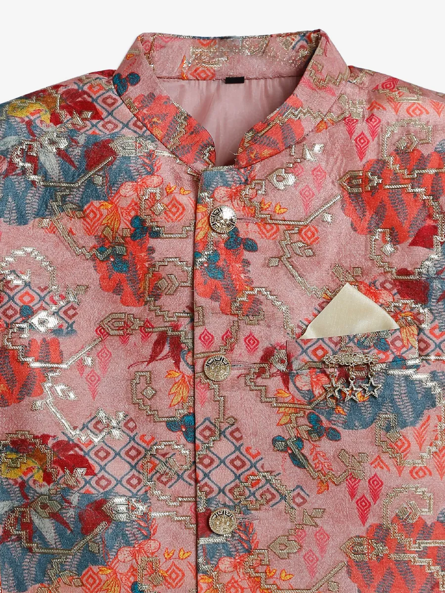 Latest peach silk printed indowestern