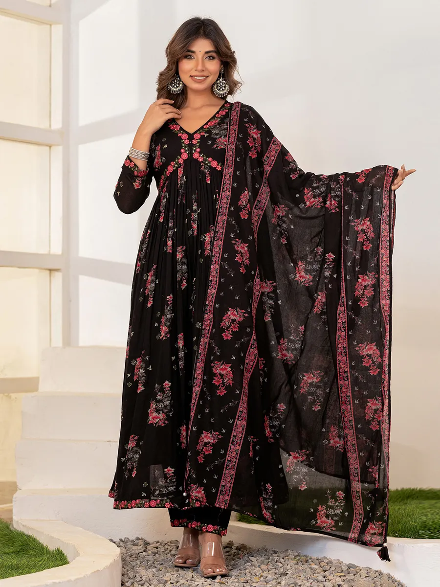 Latest printed black cotton kurti set