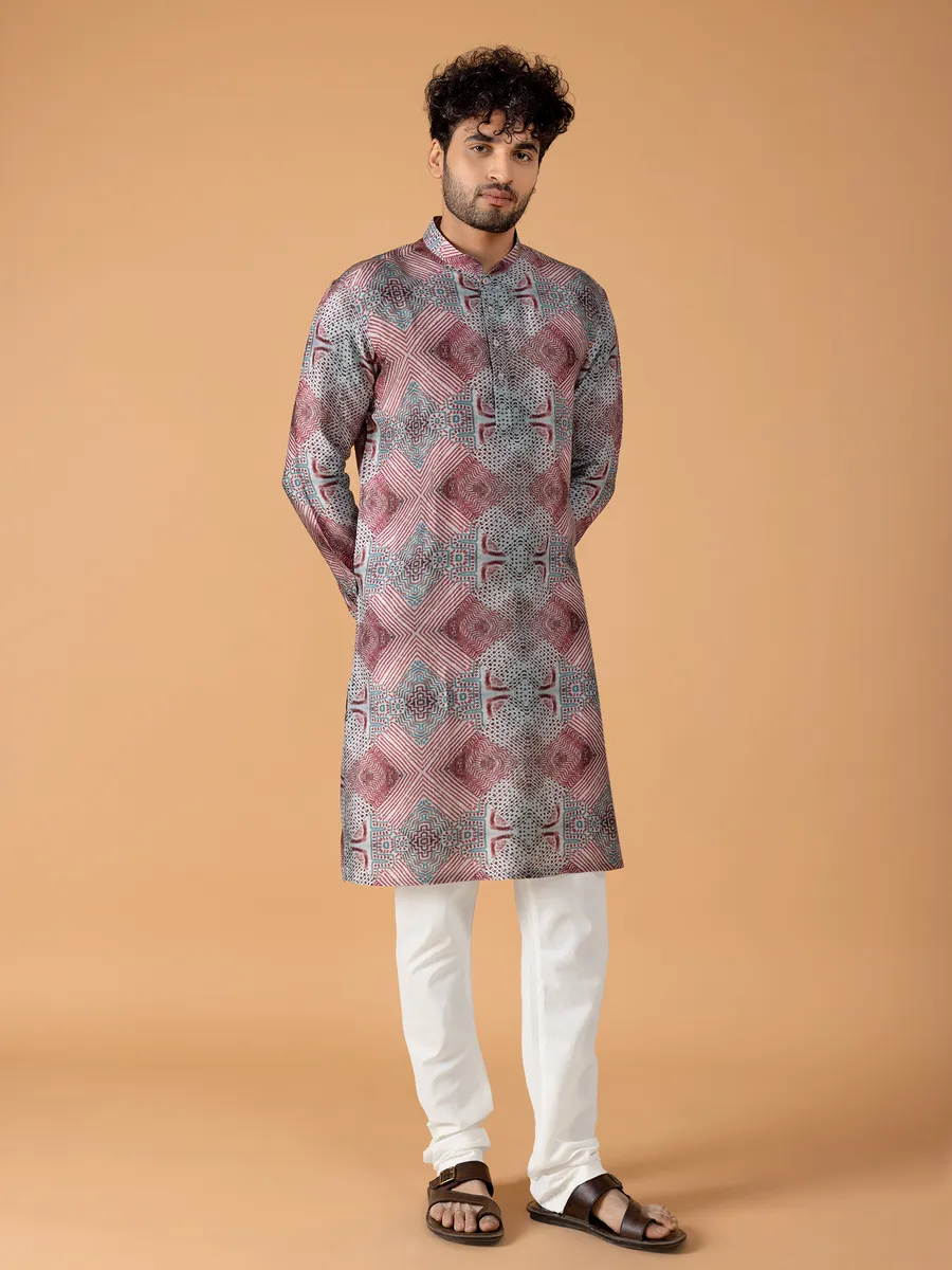 Latest printed grey kurta suit in silk