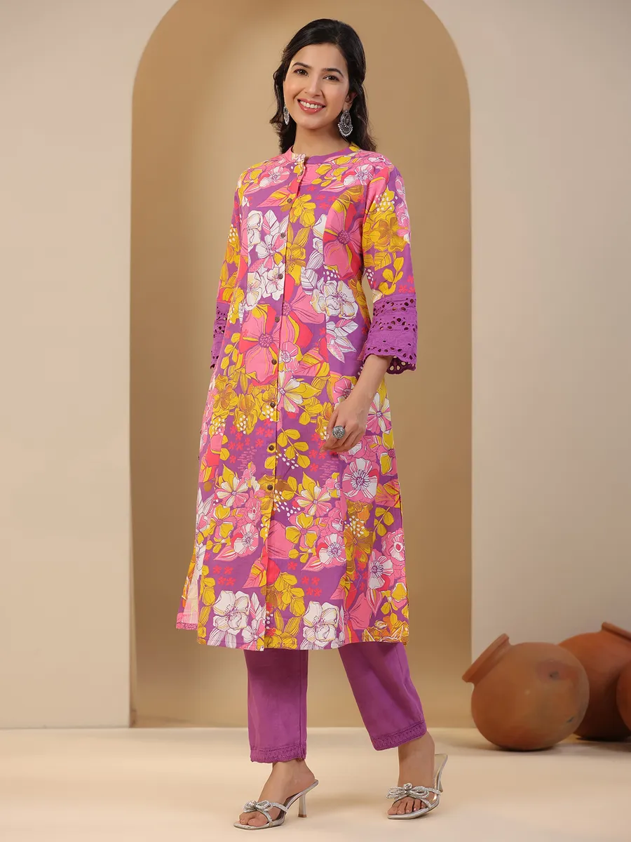 Latest purple printed cotton kurti