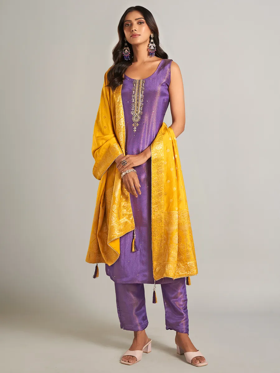 Latest purple silk straight cut salwar suit