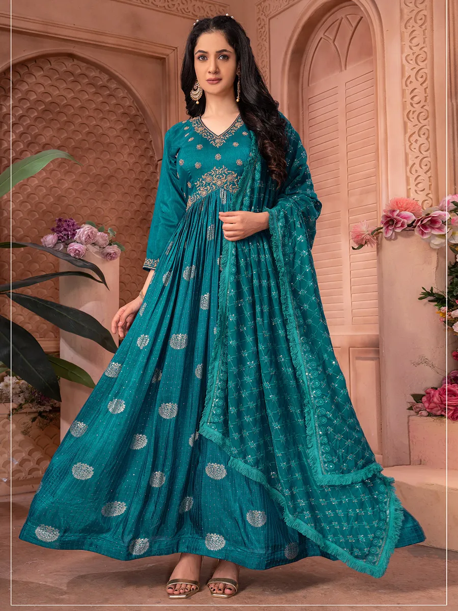 Latest rama blue banarasi silk anarkali suit