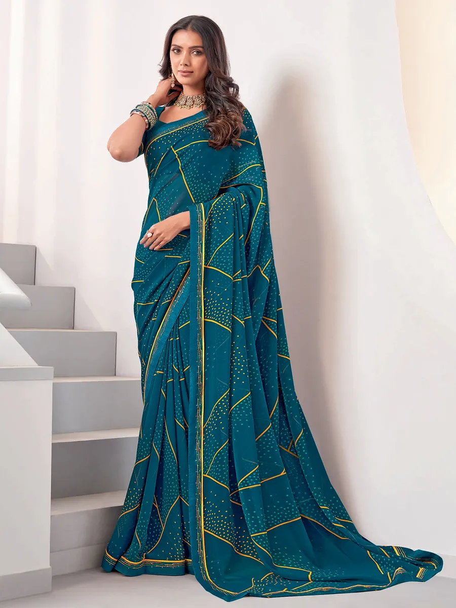 Latest rama blue printed georgette saree