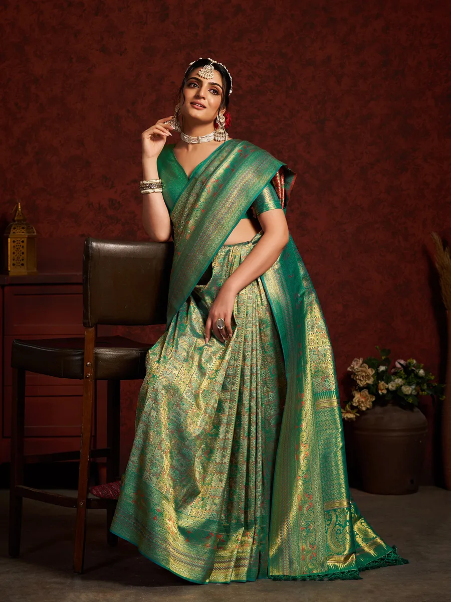 Latest rama green zari weaving saree