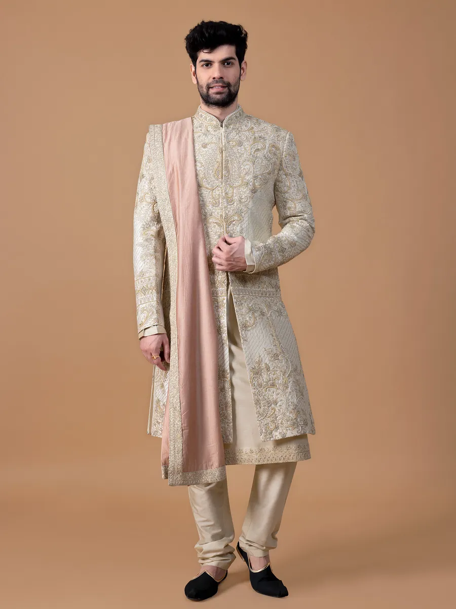 Latest raw silk cream groom sherwani