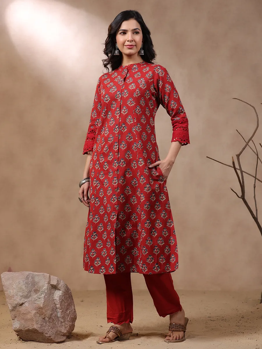 Latest red cotton printed kurti