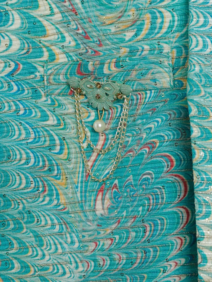 Latest sea green silk printed indowestern