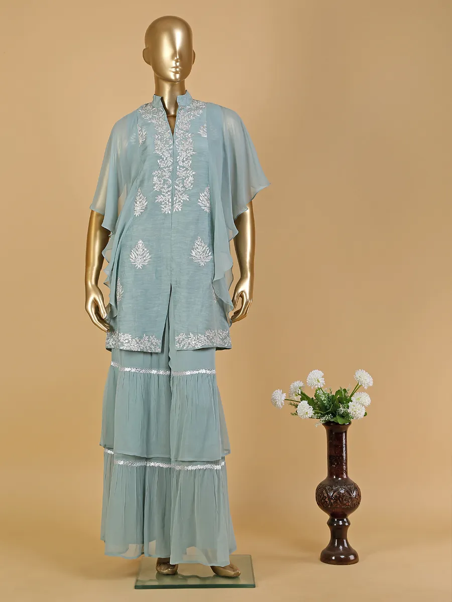 Latest sea green silk sharara set