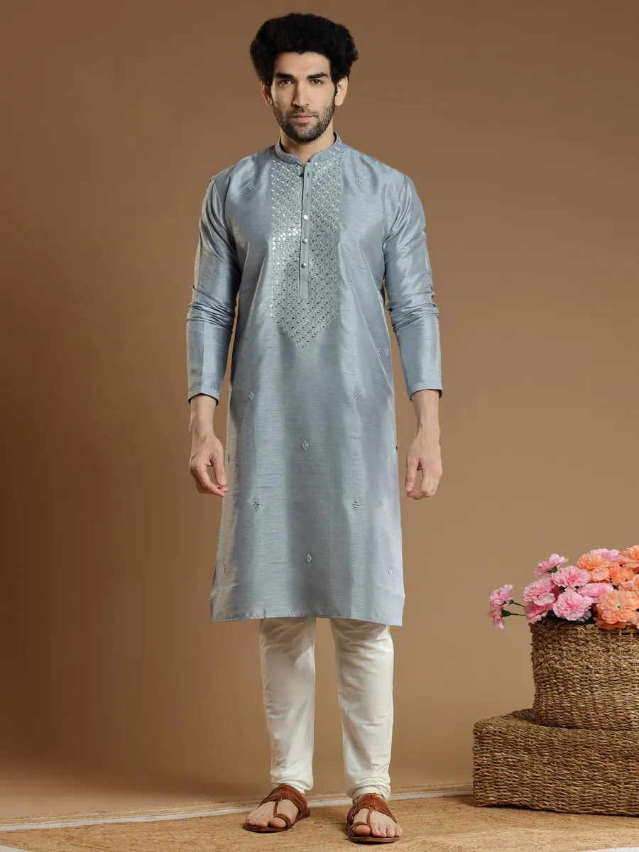 Latest silk  Men Kurta pajama in grey color