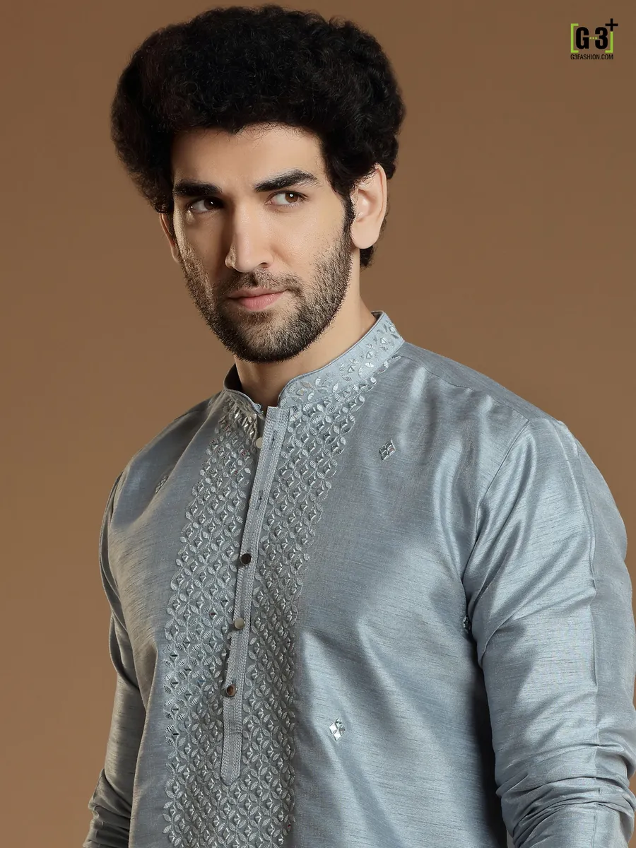 Latest silk  Men Kurta pajama in grey color