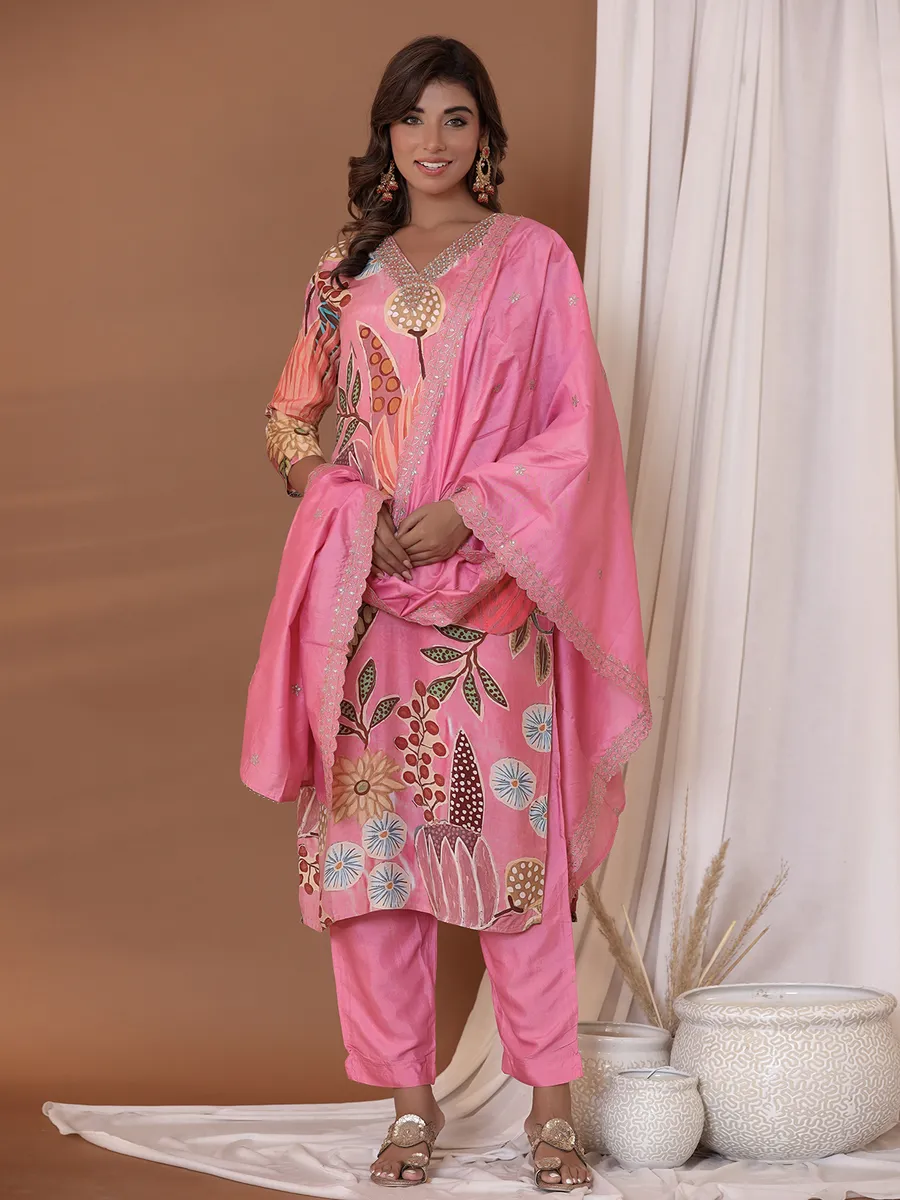 Latest silk printed kurti set in pink