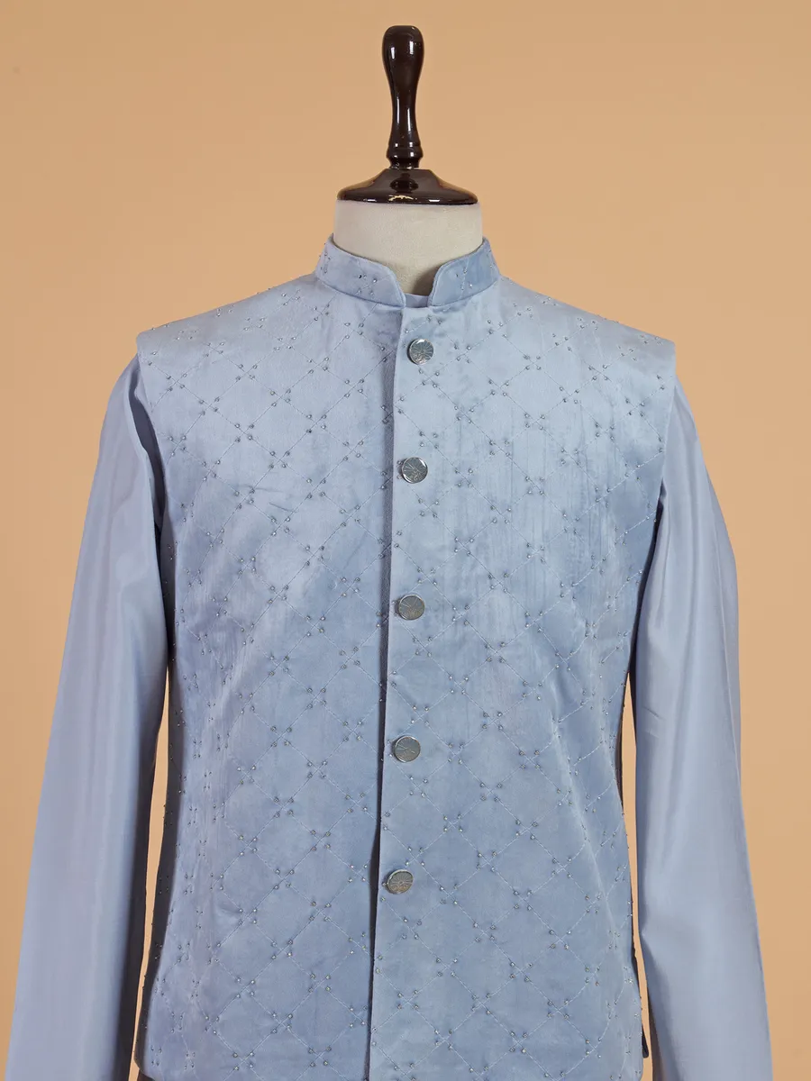 Latest sky blue cotton silk waistcoat set