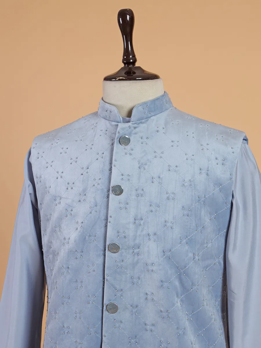 Latest sky blue cotton silk waistcoat set