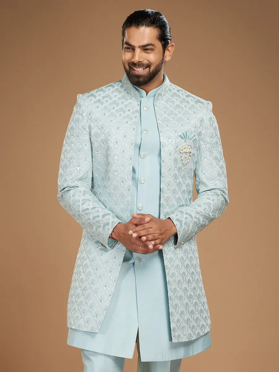 Latest sky blue raw silk indowestern