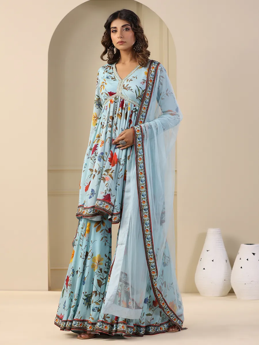 Latest sky blue silk sharara suit