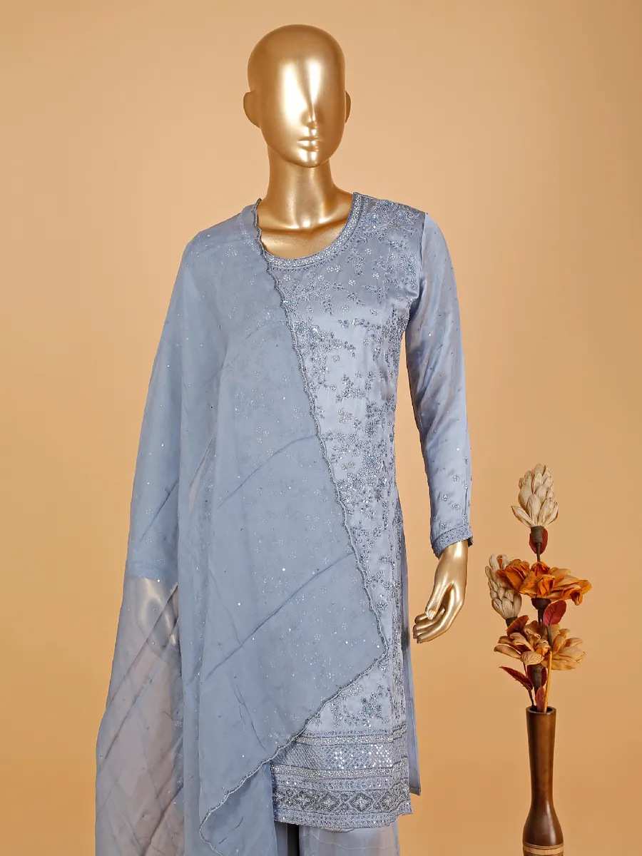 Latest stone blue palazzo suit in silk