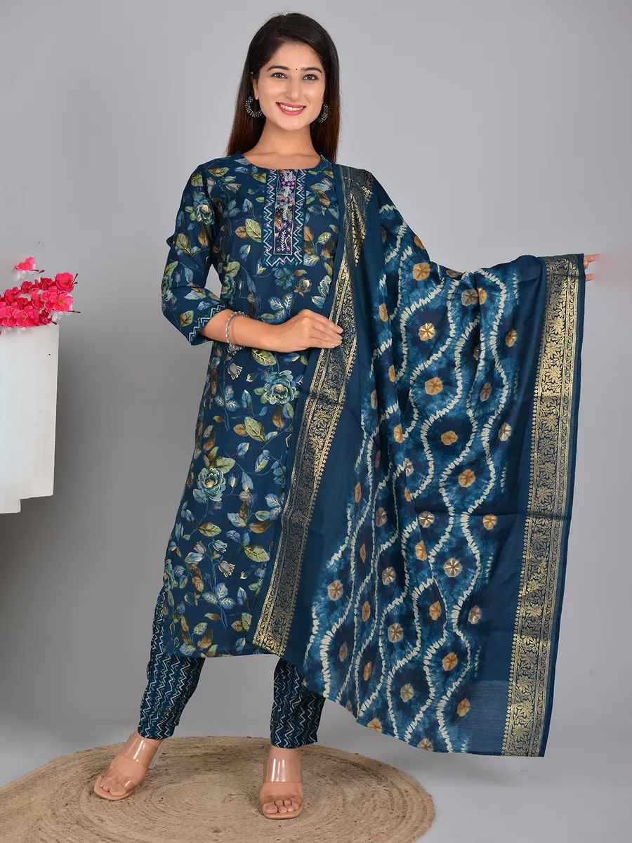 Latest teal blue printed kurti set