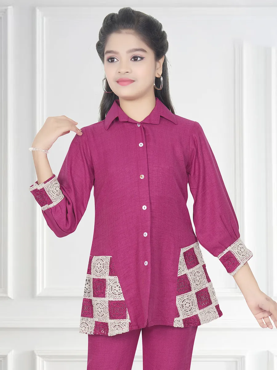 Latest wine cotton embroidery co-ord set