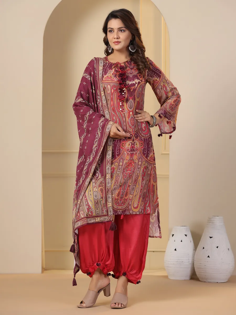 Latest wine printed silk kurti set