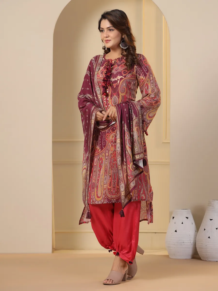 Latest wine printed silk kurti set