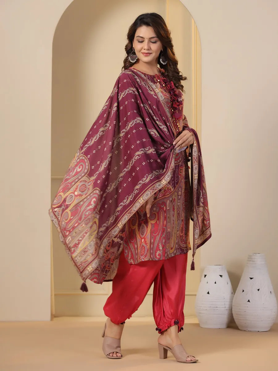 Latest wine printed silk kurti set