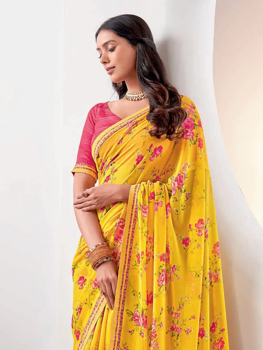 Latest yellow floral printed saree