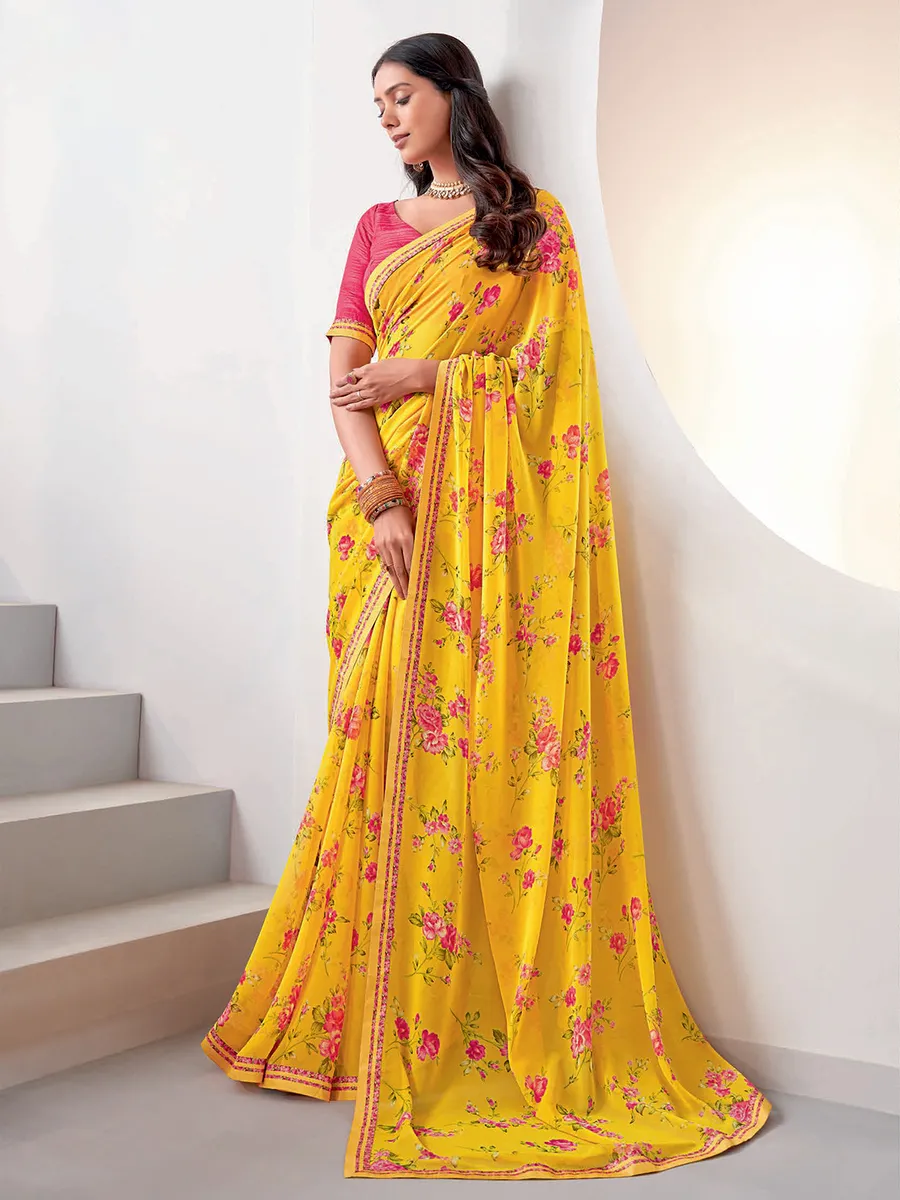 Latest yellow floral printed saree