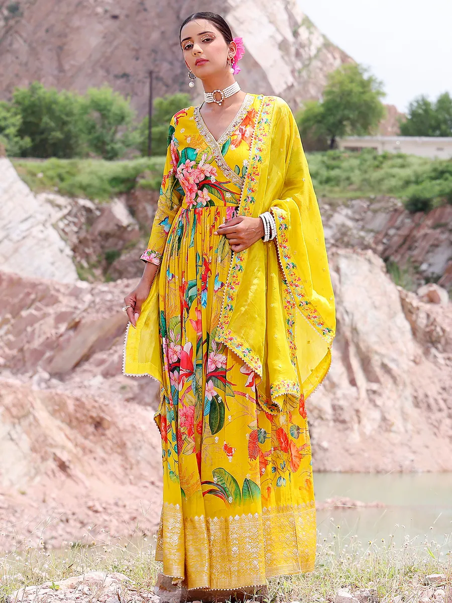 Latest yellow printed anarkali suit