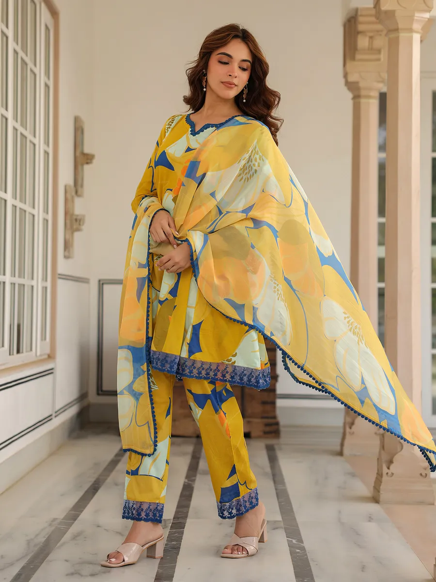 Latest yellow printed cotton kurti set