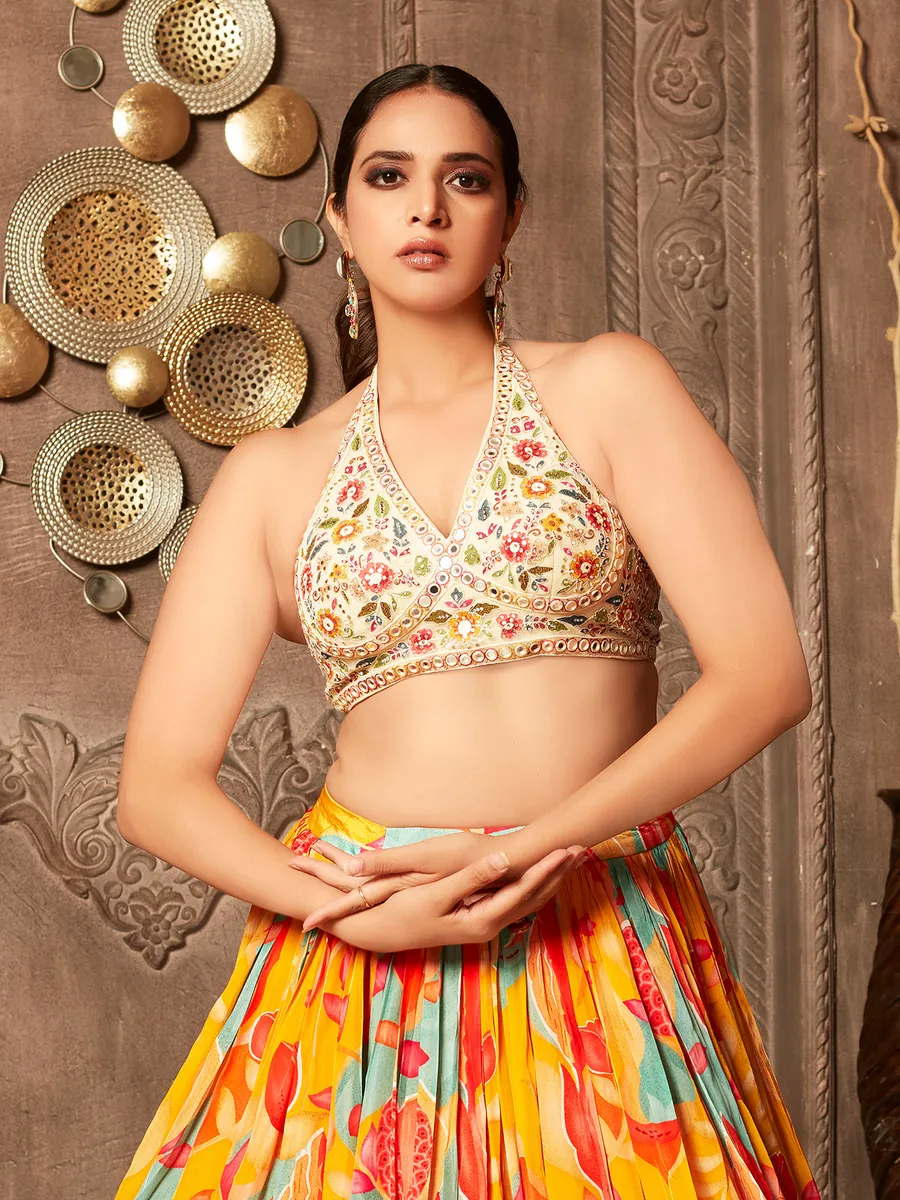 Latest yellow silk printed lehenga choli