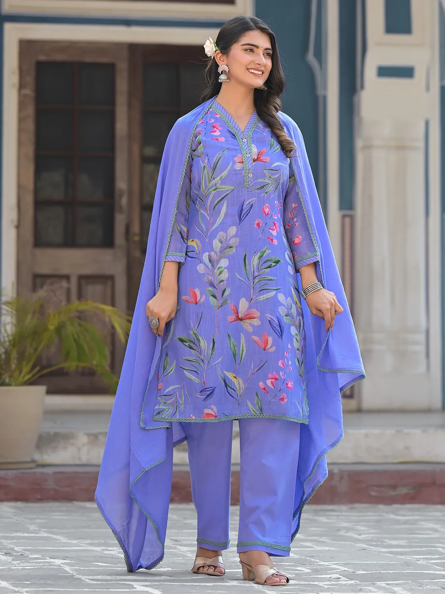 Lavender floral print cotton kurti set