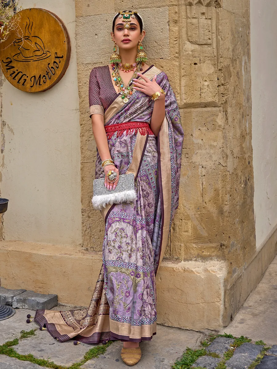 Lavender printed silk wedding saree