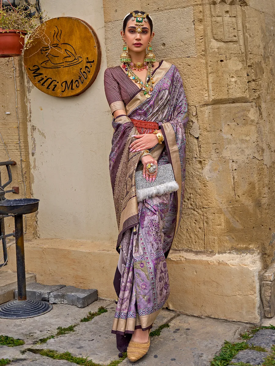Lavender printed silk wedding saree