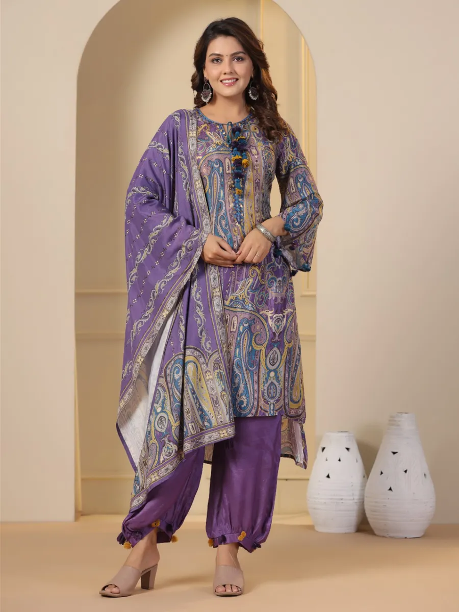 Lavender silk printed kurti set