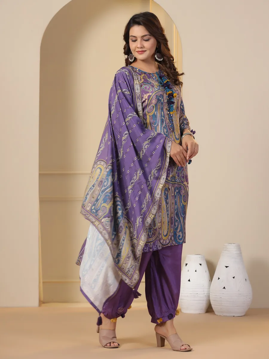 Lavender silk printed kurti set