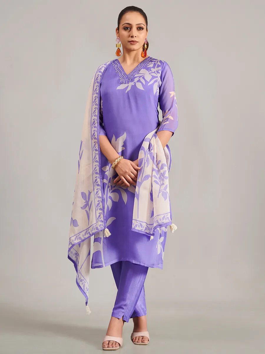 Lavender silk printed salwar suit