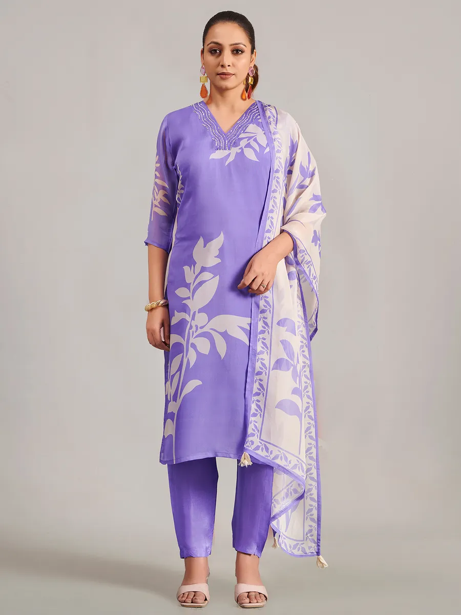 Lavender silk printed salwar suit