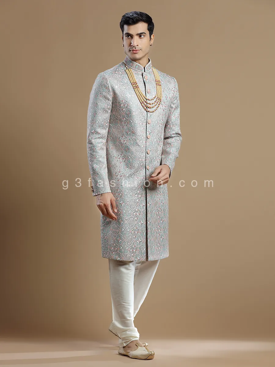 Lavish groom wear georgette sherwani in grey