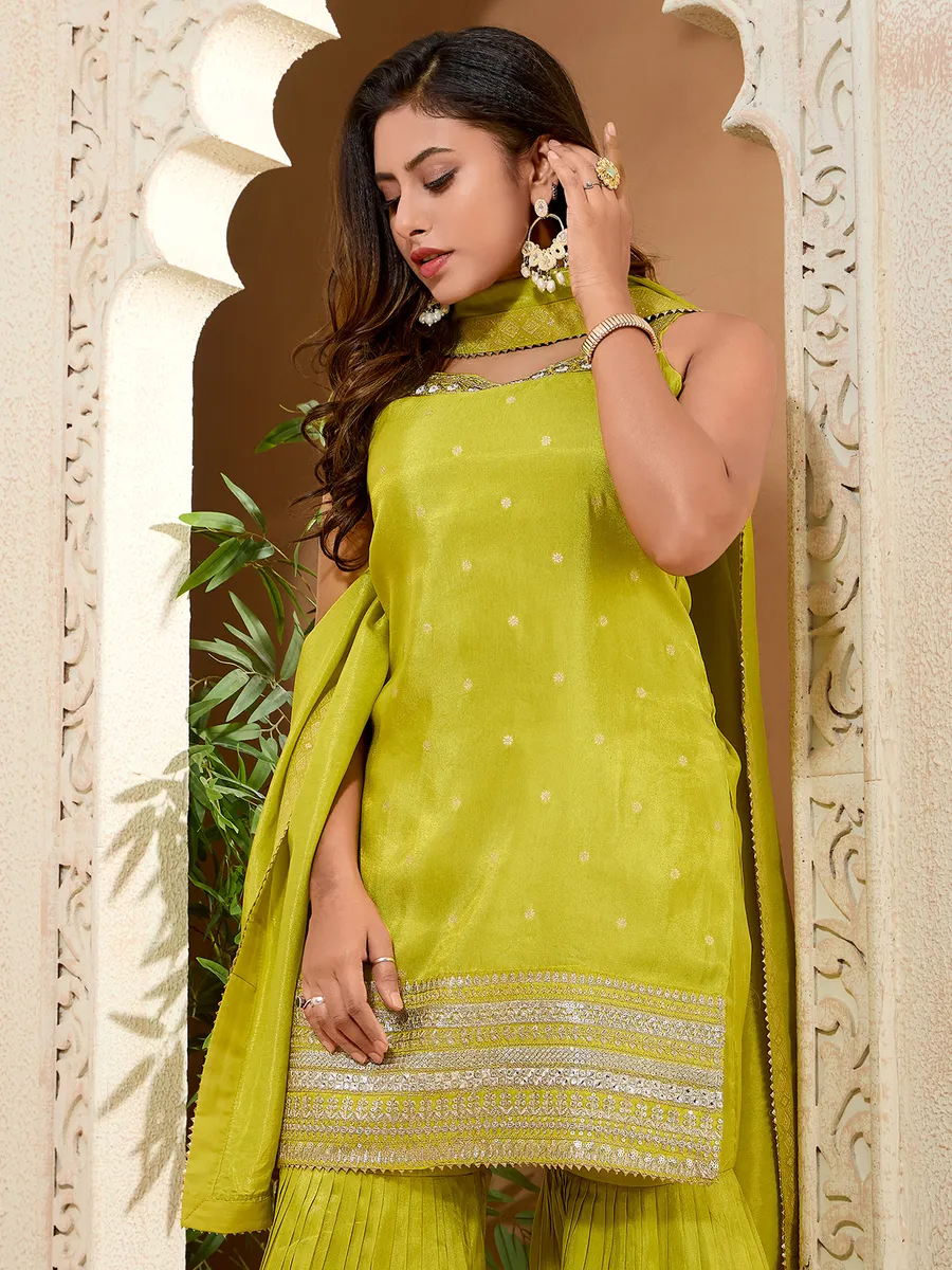 Lemon yellow silk wedding sharara suit