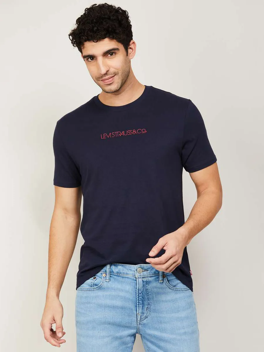 Levis navy plain slim fit cotton casual t shirt