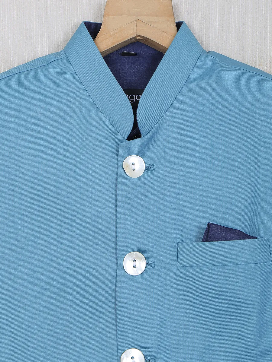 Light blue color silk plain waistcoat with shirt with in terry rayon