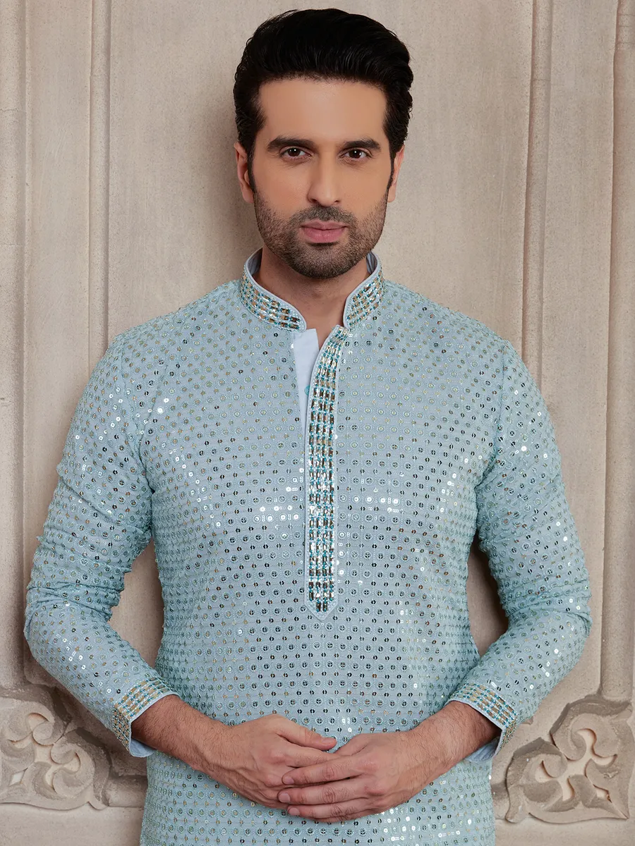 Light blue festive kurta suit in georgette