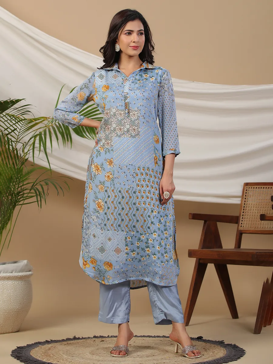 Light blue silk floral printed kurti with pant