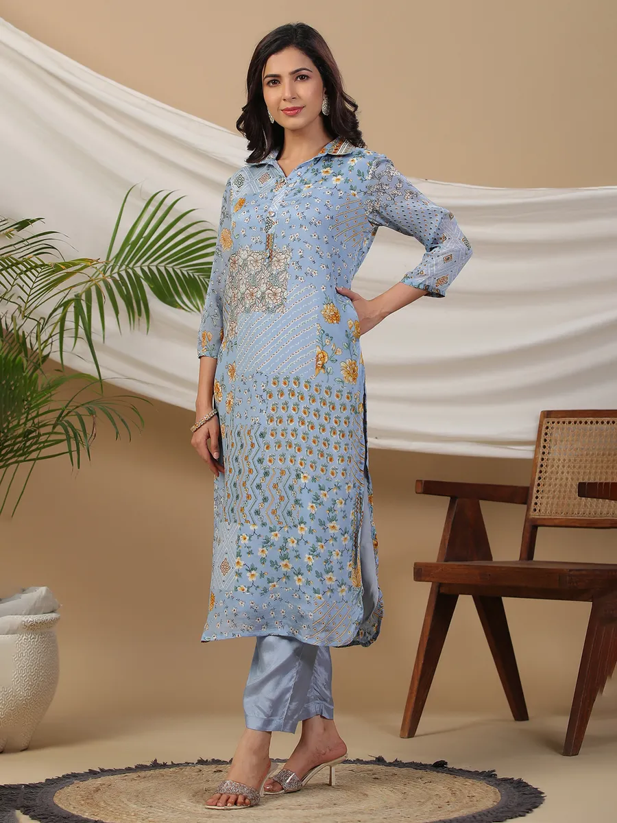 Light blue silk floral printed kurti with pant