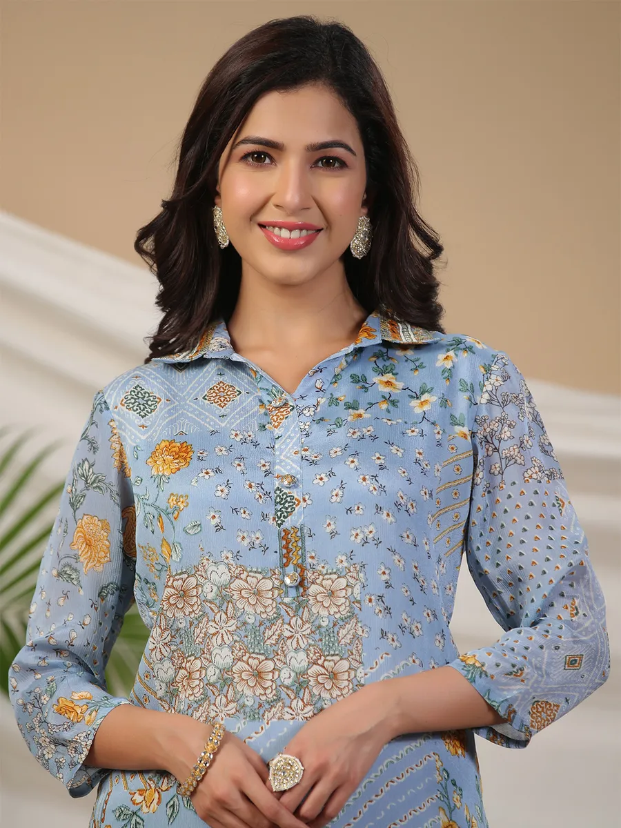 Light blue silk floral printed kurti with pant