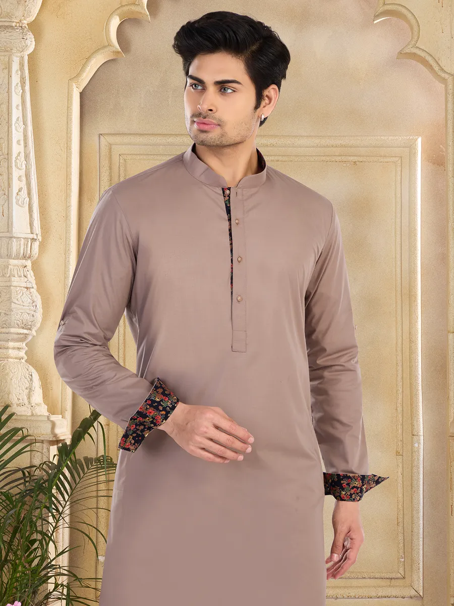 Light brown cotton plain  Men Kurta pajama