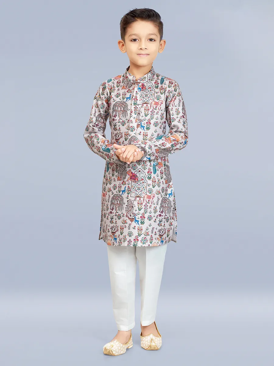 Light brown printed kurta suit for boys